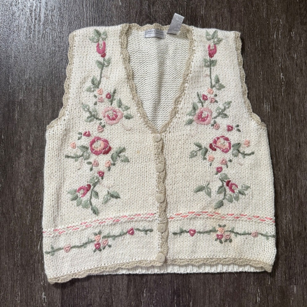 Carolyn Taylor Sweater Vest Vintage Women L Cream Floral Embroidered Cottagecore